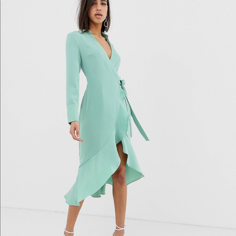 Frill hem wrap front midi dress in sage